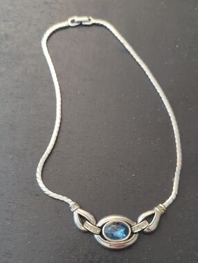 Vintage 50s Rhodium Plated And Blue Glass Necklace
